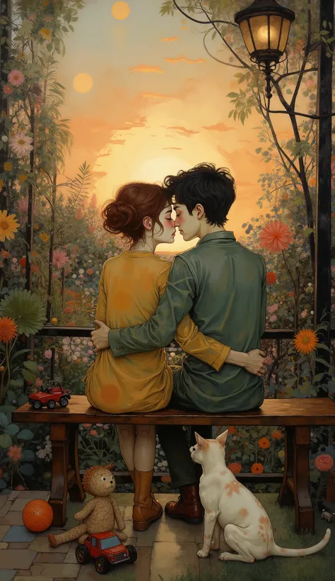 two ren hugging behind the camera, sitting on a bench in a square watching the sunset , botanic garden background , with lots of exotic plants , and a beautiful sunset , there are butterflies in various places , and a fluffy white cat with their ba...