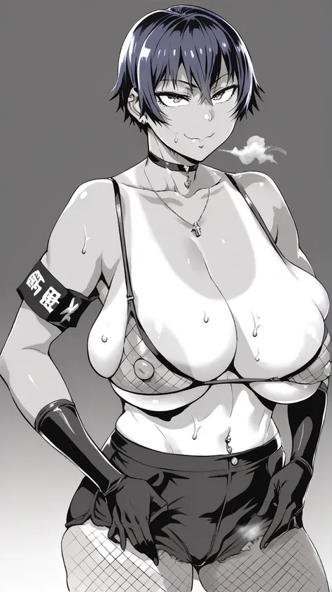          Takeda Hiromitsu Style ,1 girl,  tomboy , anatomically correct gal gyaru  ,  breast , Huge breast, Tanlines,  illustration ,  Anatomically Correct,  choker with black spikes on the neck, Short hair ,  dark blue hair ,  brushed backwards , Tanlines...