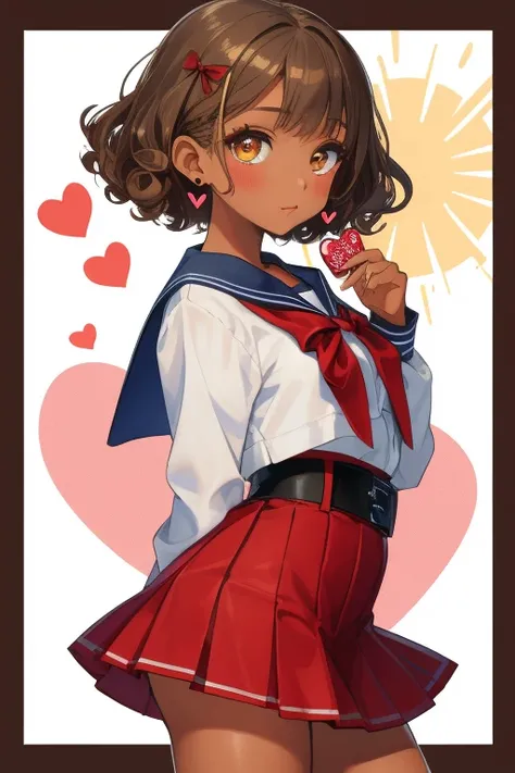 ( top quality,  's greatest masterpiece:1.2)，Female middle school student who has been trained as a ganglo sow，dream， Young Very ， chibi:1.5，Ganguro:1.2， dark skin tone ， very tanned skin，eyeshadow，Earrings ，sun-burnt skin，Lower metallic， cute sailor suit，...