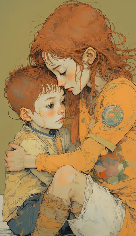 ((Low Fidelity Anime Digital Illustration Styles :1.5)), Warm hug :1.5, Straight-haired red-haired woman moving in the wind , bangs up to the eyebrows:1.4, beautiful and sensual face , red in color, hugging a who cries because he hurt his knee, tend...