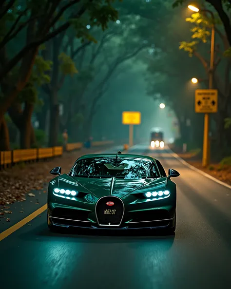 On Indian yellow pole light road dark green Bugatti Chiron running at top speed write 'MR 07' clearly on number plate, horror Indian road , yellow side poles, big deep trees around the road , close to camera, leaves on road, leafs are flowing in air and ro...