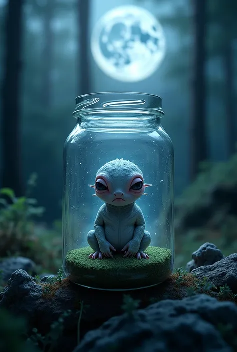  A glass jar illuminated by the moon . inside,  a small creature with greyish skin and bright eyes opens its eyelids slowly, observing with unnatural intelligence .