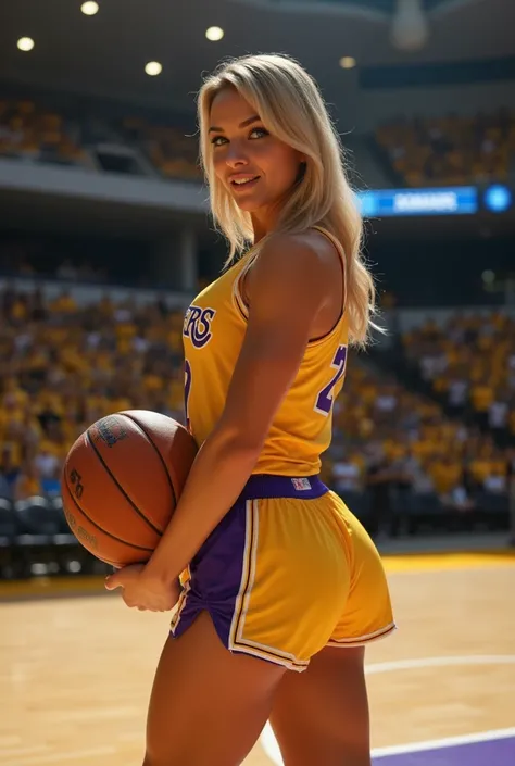 (side view), (close up), (looking at the camera), 1girl, solo, beautiful woman wearing Lakers basketball jersey holding a basketball, (yellow and purple basketball shorts:1.2), (ripped thighs and calves), ((smiling)), ((happy)), fitness model, shoulder len...