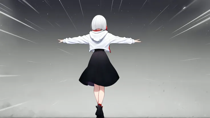 Action: Spreading both arms wide and soaring through the sky.

masterpiece, ultra high quality, full body shot,
Hair: Short bob with silver hair.
Eye Color: A mix between purple and red.
Impression: Cool and mysterious, with a hint of youthfulness.
Top: A ...