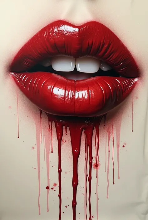 Life-size kissing pattern for a t-shirt that represents " to bleed out of love ", Make it look like they cut the neck on one side only, And that blood mark that falls on the t-shirt be degrading kisses