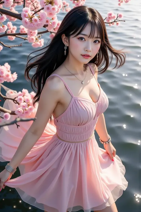 8k, masterpiece, highest quality, hyper-realistic, highres, Korean girl, occupation is idol, black long hair, (huge breasts), a short pleated dress, high heels, small earrings, a small necklace, a wristwatch, the texture of a detailed garment, FULL BODY, (...