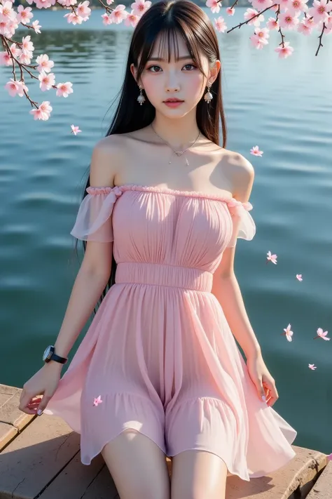 8k, masterpiece, highest quality, hyper-realistic, highres, Korean girl, occupation is idol, black long hair, (huge breasts), a short pleated dress, high heels, small earrings, a small necklace, a wristwatch, the texture of a detailed garment, FULL BODY, (...