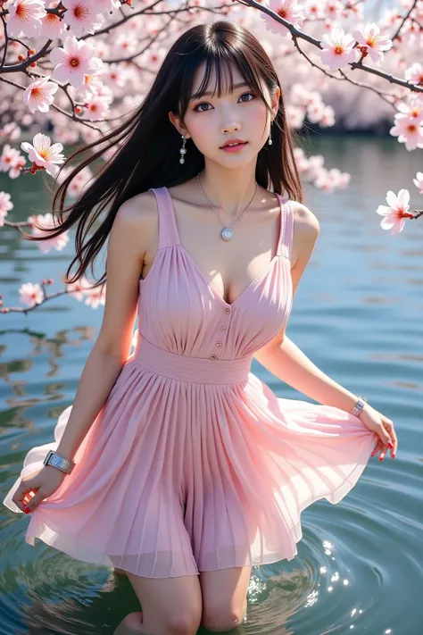 8k, masterpiece, highest quality, hyper-realistic, highres, Korean girl, occupation is idol, black long hair, (huge breasts), a short pleated dress, high heels, small earrings, a small necklace, a wristwatch, the texture of a detailed garment, FULL BODY, (...