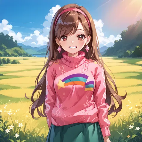 [Mabel ], [play fouls], (( Masterpiece )), ((HD)), (( high resolution )), ((solo portrait)), ((waist-up )), (( front view)), (( detailed shading )), ((soft textures)), (( intricate details)), (( anime girl)), (( cinematic )), { Attractive ; ( long brown ha...