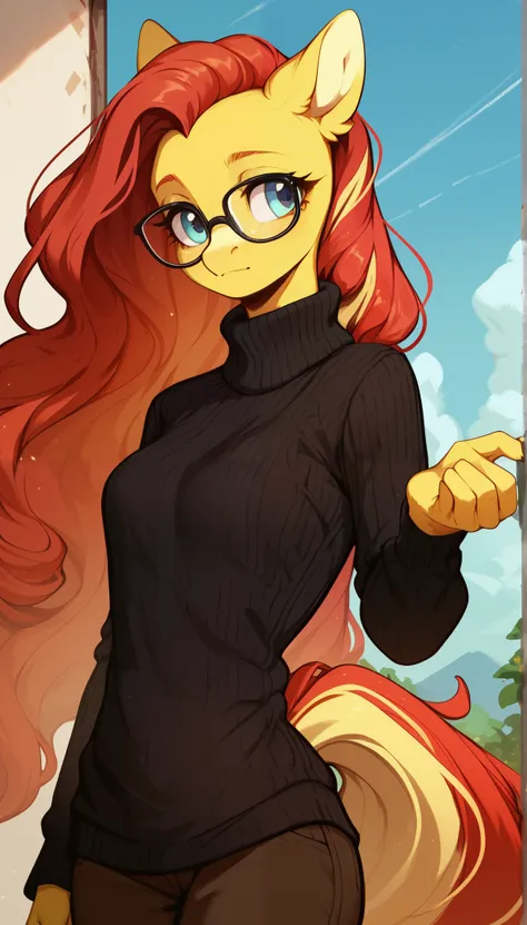 score_9, score_8_up, score_7_up, score_6_up, score_5_up, score_4_up, Anthropomorphic character, anime, pony, flowing red hair, windy, yellow fur, glasses, cozy black knit sweater, tight sweater