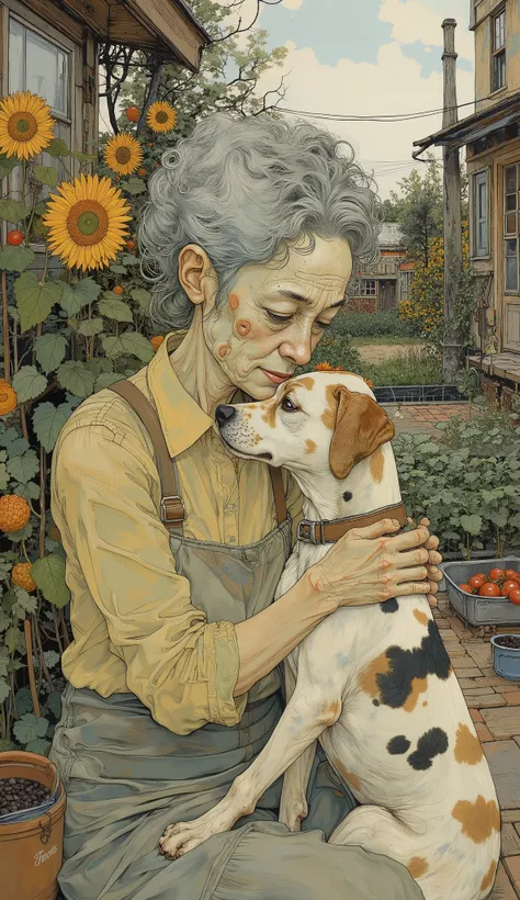 ((Low Fidelity Anime Digital Illustration Styles :1.5)), Warm hug :1.5, old woman with gray hair hugging her dog with spots and furry hair:1.4, beautiful face, Warm hug :1.51, style posing for a photo , Portrait of Kim Petras, ava max, modeled photogr...