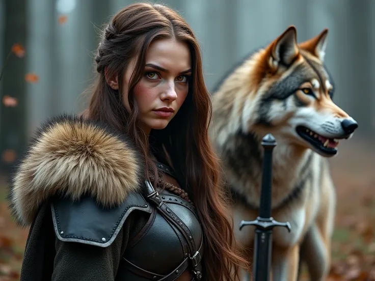 Make a very long brown-haired woman, yellow eyes and Viking clothing with wolf fur on the shoulder.  A large wolf in black armor holding a burning sword. Behind her. White-haired wolf . Semelhante a Maliketh e Elden ring