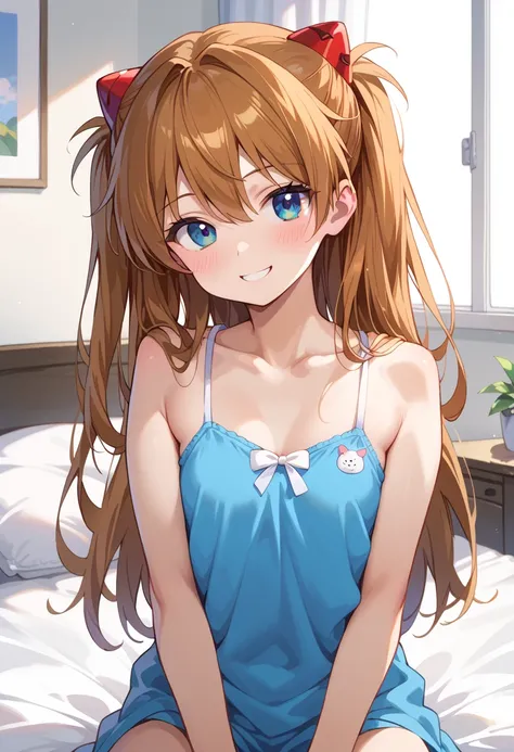 (( top quality)), (( Masterpiece)), (be familiar with),  perfect face ,  indoor, bedroom,  watching viewers,
One woman,  Soryu Asuka Langley,
開いた口,  with an ecstatic expression, blush, smile,
 small tits,  file, Young girl,  lori,  s,  girl,
 long hair,  T...