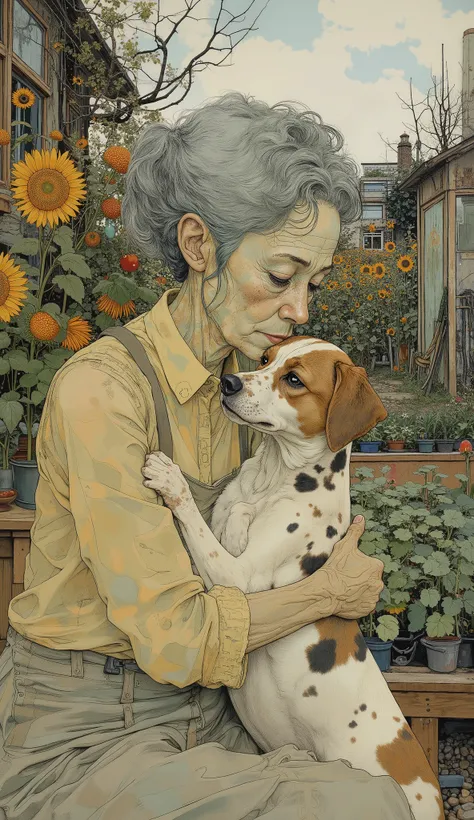 ((Low Fidelity Anime Digital Illustration Styles :1.5)), Warm hug :1.5, old woman with gray hair hugging her dog with spots and furry hair:1.4, beautiful face, Warm hug :1.51, style posing for a photo , Portrait of Kim Petras, ava max, modeled photogr...