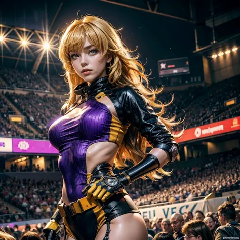 yangxiaolong, yang xiao long, long hair, blonde hair, large breasts, (purple eyes:1.3), ahoge, bangs, BREAK smiling, wearing sportswear, mechanical arms, single mechanical arm, prosthesis, prosthetic arm, BREAK night, stars, cowboy shot, standing inside sp...