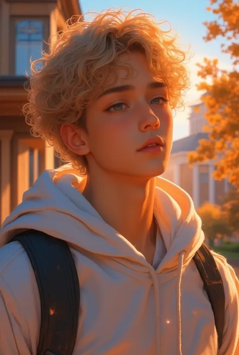   (8K, Manhwa style,  detailed)  Prioritize warm lighting and warmer tones. blond hair man,  the best quality,  curly hair, hoodie,  half body, university, soft features 