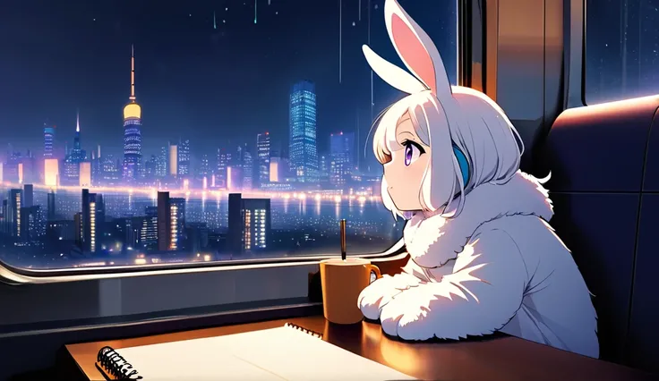 Inside a dimly lit train car at night, a small, adorable bunny with soft, fluffy white fur and long, slightly droopy ears sits quietly by the window. Its round eyes, filled with gentle melancholy, gaze out at the blurred city lights passing by. The bunny w...