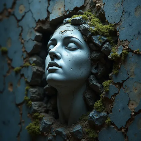  masterpiece,  in high resolution of the head of a broken and decaying statue ,  of stone representing a beautiful Renaissance woman .  The statue is unfinished ,  from a block of stone and the background is the block of stone from which the face emanates....