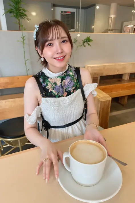 "A young woman wearing a classic black and white maid outfit with a frilly apron and a matching headband, working in a cozy café. She is gracefully serving coffee to a customer with a warm smile. The café interior is warmly lit, featuring wooden tables, so...