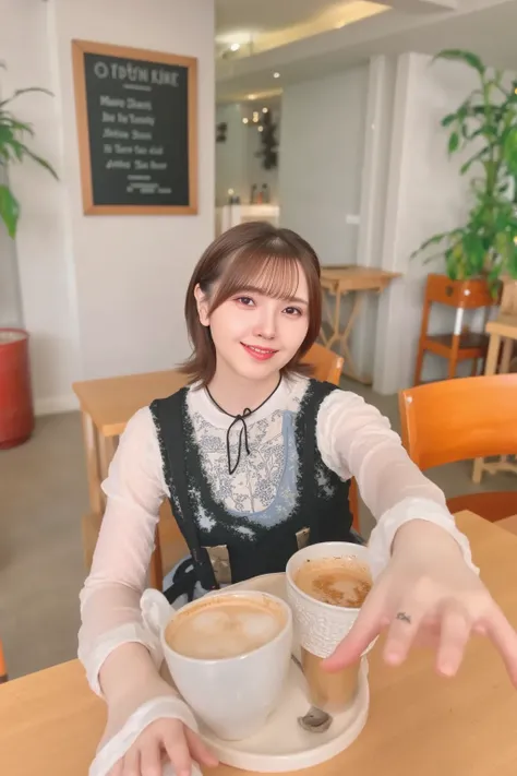 "A young woman wearing a classic black and white maid outfit with a frilly apron and a matching headband, working in a cozy café. She is gracefully serving coffee to a customer with a warm smile. The café interior is warmly lit, featuring wooden tables, so...