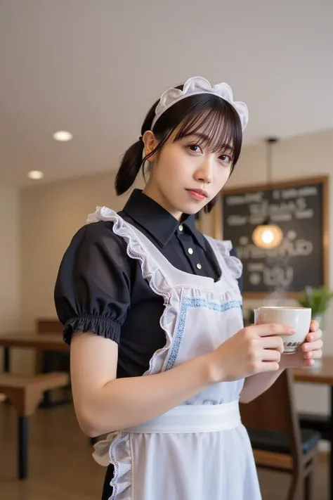 "A young woman wearing a classic black and white maid outfit with a frilly apron and a matching headband, working in a cozy café. She is gracefully serving coffee to a customer with a warm smile. The café interior is warmly lit, featuring wooden tables, so...