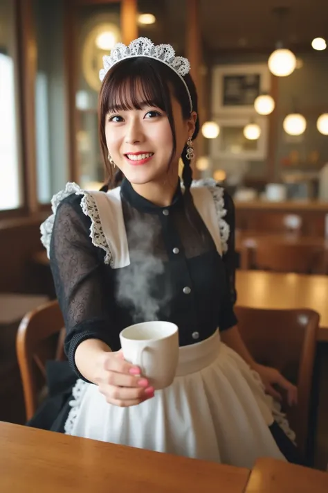 "A young woman wearing a classic black and white maid outfit with a frilly apron and a matching headband, working in a cozy café. She is gracefully serving coffee to a customer with a warm smile. The café interior is warmly lit, featuring wooden tables, so...