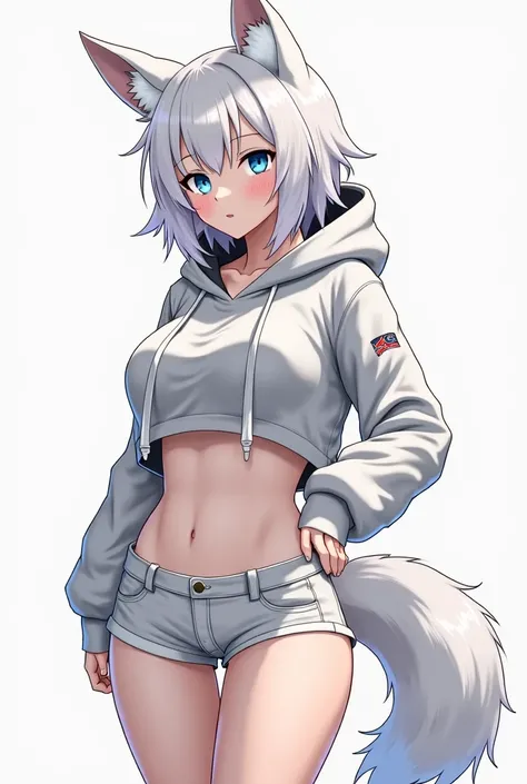  apparently seems to be a half-wolf,  with fair skin and white fur , blue eyes and beautiful body ,  medium bust and wide waist ,  big ass , fleshy thighs and thin waist ,  wears medium clothing , Almost short , um short, e um top coberto por um cropped an...