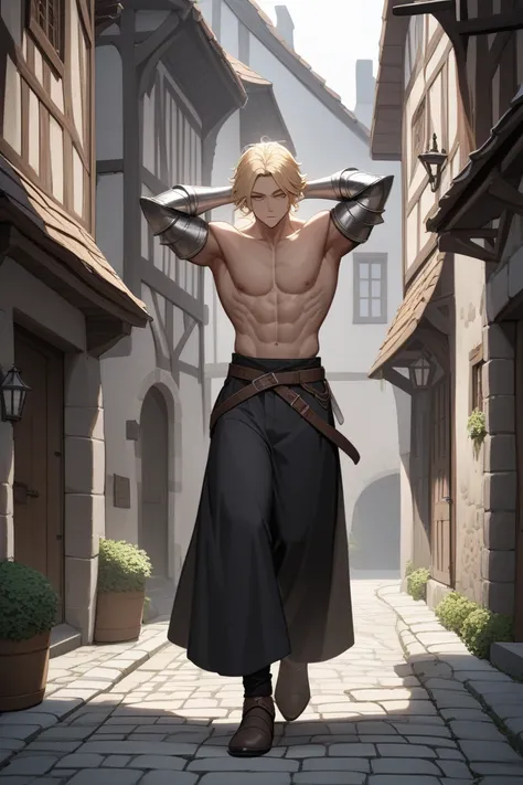 BEST QUALITY, ULTRA DETAILED, HIGH DEFINITION, ALONE, 1boy, slim, toned, blonde hair, short unruly hair, light brown skin, black pants, wide pants, shirt, sleeveless, silver forearm protectors, brown belt, hands behind head, walking down a medieval street....