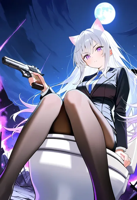 score_9,score_8_up,score_7_up,rating_safety,source_manga,masterpiece,best quality,hyper detailed,super fine illustration,8k,cinematic angle,from front,BREAK 1girl,white hair,cat ears,black suits,(holding_handgun),sitting on toilet,BREAK magical effect,purp...