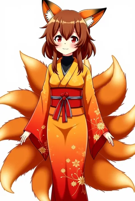 kitsune, fox girl, kemonomimi, multiple fluffy tails, six tails, long wavy brown hair, fox ears with brown fur, sharp red eyes, gentle smile, anime style, elegant kimono, orange and red gradient kimono, black inner bodysuit, red obi tied in a bow, autumn l...