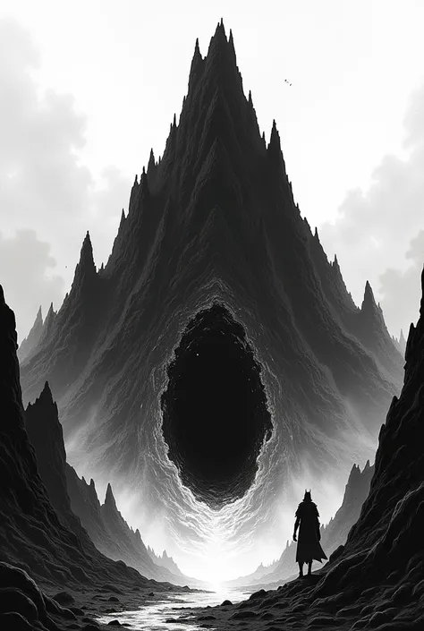 Generated an image of a big mountain in the underworld with a hole in the middle as if there was something pierced ! En noir et blanc style manga 
