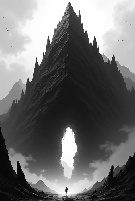 Generated an image of a big mountain in the underworld with a hole in the middle as if there was something pierced ! En noir et blanc style manga 
