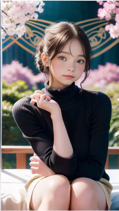 Emma Myers,  top quality, 1 girl, Alone, black hair,  Ponytail, (Simple Space ：2), (( art nouveau style poster)),  Watch Viewers , Intense Perspectives , Big Breasts、side-cut ribbed sweater、 mid-length bangs、 pantyhose 、cherry blossoms、 hotpants、