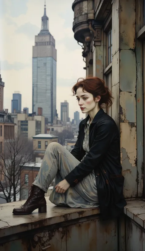 a woman sitting on a ledge with her feet up and a building in the background, hair flying in the wind , A photograph of Emma Andijewska , In Trend In Pexels , Photorealism , a girl sitting on a roof , standing on the roof , standing o...