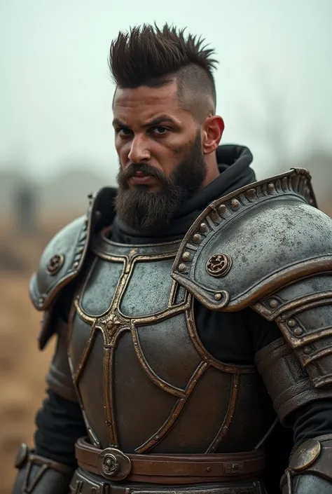 A man with tanned skin, Slicked Back Mohawk style beard and dark hair ,  with medieval armor  