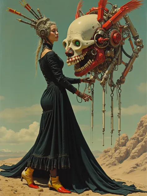 Curved expression of devotion, sadness and drama, Strange figures of long shapes on iconic heavy metal magazine cover art style, Worship, mechanics, strange head format char, parts, machinery, artificial, synthetic, beauty, sadness, vivid colorful artwork ...