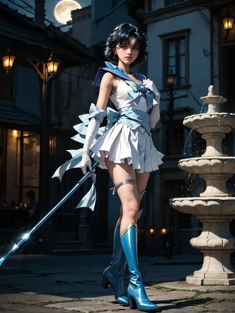  top quality, Masterpiece,reality:0.8, 1 girl ,moonlight, Superheroine who wields a magic wand under the moon ，Fire a fountain from a cane、Unleash her magical powers to defeat enemies 、At night,Rich background,(Ami Mizuno)，（ sailor mercury ,) sailor suit ,...