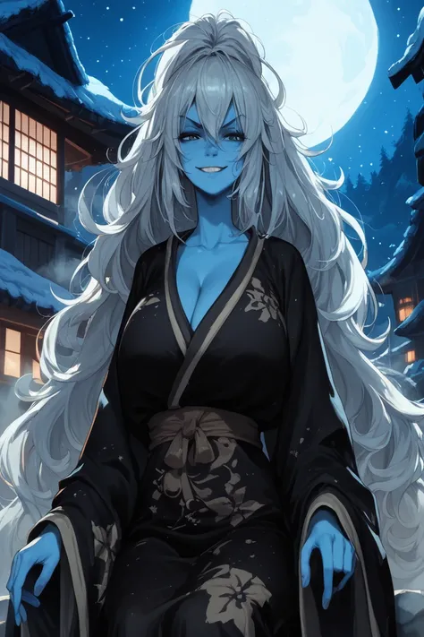  1girl, messy hair, long hair, huge breasts, smirk, blue skin, white hair, black robes, night, moon, stars, evil smile, fog, from below, hot springs, sitting, 