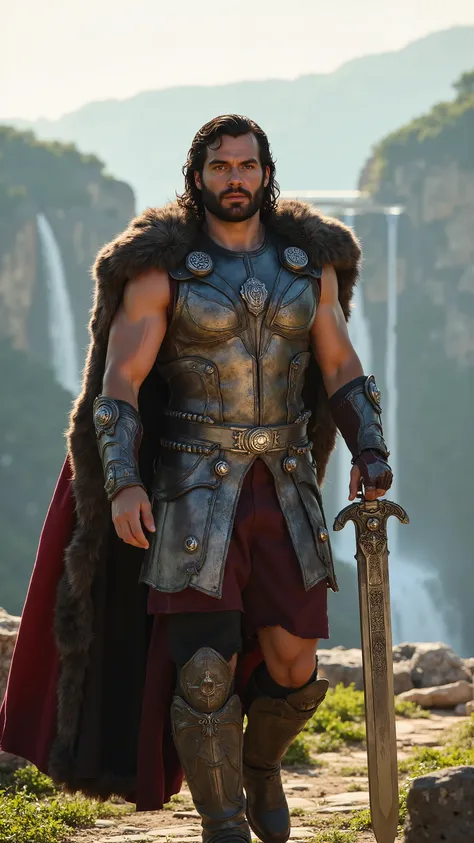 Henry Cavill reimagined as a majestic god Tyr walking and holding mighty greatsword、dramatic atmosphere, 1 male、
He has long, dark hair, revealing a stoic, unyielding expression—one of a warrior who has stood against fate itself. His right arm is missing...