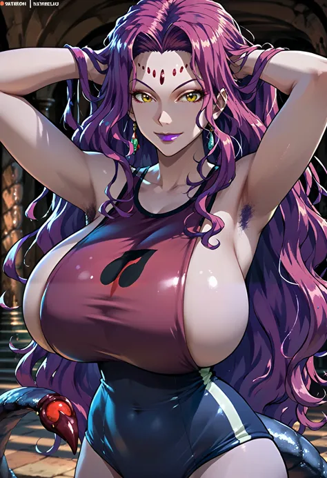 1girl, looking at viewer, smile, zazan, purple hair, colored skin, purple lips, long hair, facial mark, foerehead mark, yellow eyes, makeup, lipstick, tail, wavy hair, (ultra huge breasts:1.5, ultra huge tits:1.5, ultra huge cleavages:1.5, ultra huge boob:...