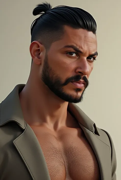 A man with sun-tanned skin, beard and dark hair slicked back style short back hairstyle 