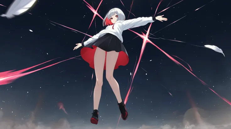 Action: Spreading both arms wide and soaring through the sky.

masterpiece, ultra high quality, full body shot,
Hair: Short bob with silver hair.
Eye Color: A mix between purple and red.
Impression: Cool and mysterious, with a hint of youthfulness.
Top: A ...