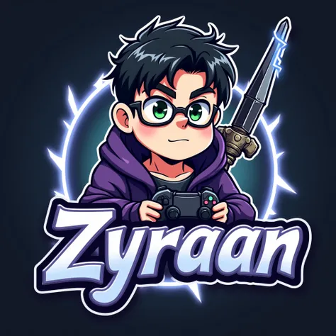 I want a gamer logo with the name Zyraan with a white character half chubby 28 years old bald almost bald green eyes large potato nose black-grade glasses holding a lightning bolt arc and one on the back. A streamer logo in blue and purple colors and an an...