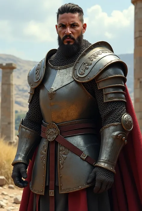 A man with sun-tanned skin, beard and dark hair short slicked back style,  with medieval armor  