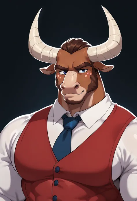 Manny Taur G3, Blond, long bangs, cracked horn, white horns, brown fur, blue eyes, freckles, Muscular, male, anthro bull, white shirt, long sleeve, red vest, portrait, looking at viewer, animated,S2Z0n1c21.5XL style,
