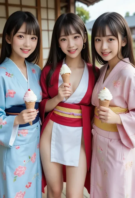 (max ultimate nsfw),"Very young, like, innocent, and pure."((3 girls,ultra cute new born pussy,)),"An ultra-cute and modest Japanese person wearing a traditional kimono, enjoying a cone ice cream with a delighted expression. Their tongue gently licks the c...