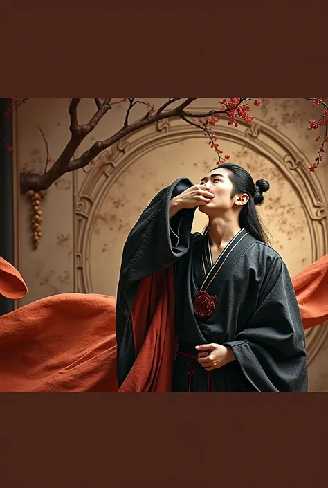 Photo guy long black hair, collected back ,  of Korean appearance, the arm is raised at face level, black hanfu on the background of the arch