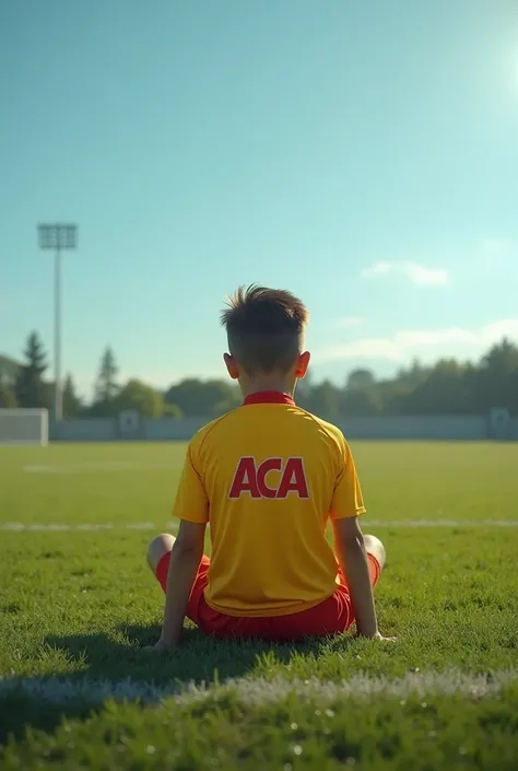 A boy is sitting in half a football field wearing a football kit colored yellow and red and his logo is ACA AUZIUM