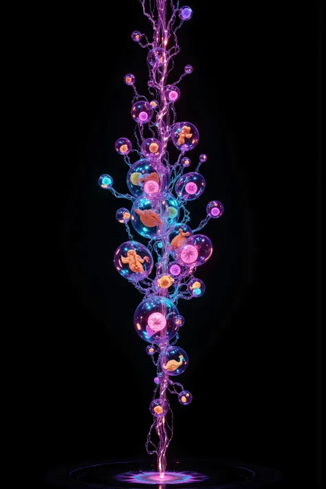 LSD, DMT imagery. octane render. Bright neon colored translucent wombs hold bodies inside with electrical wire for nervous systems lighting up the different shapes flowing inside the abstract liquid, and glow in the dark structure. Octane render, black 3d ...