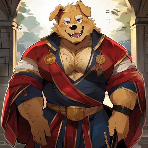 dog, furry, golden retriever, handsome, very muscular, very big, extremely hot and sexy, beard, hair, chest hair, charming eyes, solo, male, happy expression, daddy, full body, big body, red medieval clothes, middle aged, by hyaku, by darkgem, by glitter t...